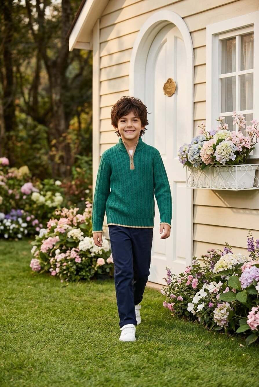 Hope & Henry Boys Organic Cotton Half Zip Sweater with Suede Elbow Patches - Gre